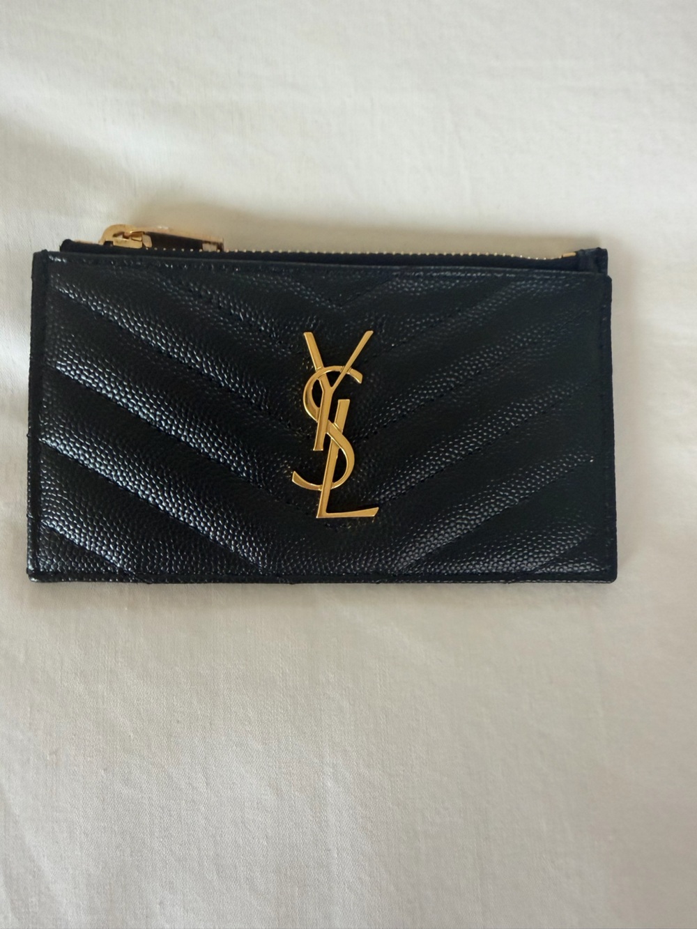 Saint Laurent Black Chevron Textured Leather Zip Wallet with Gold YSL Emblem